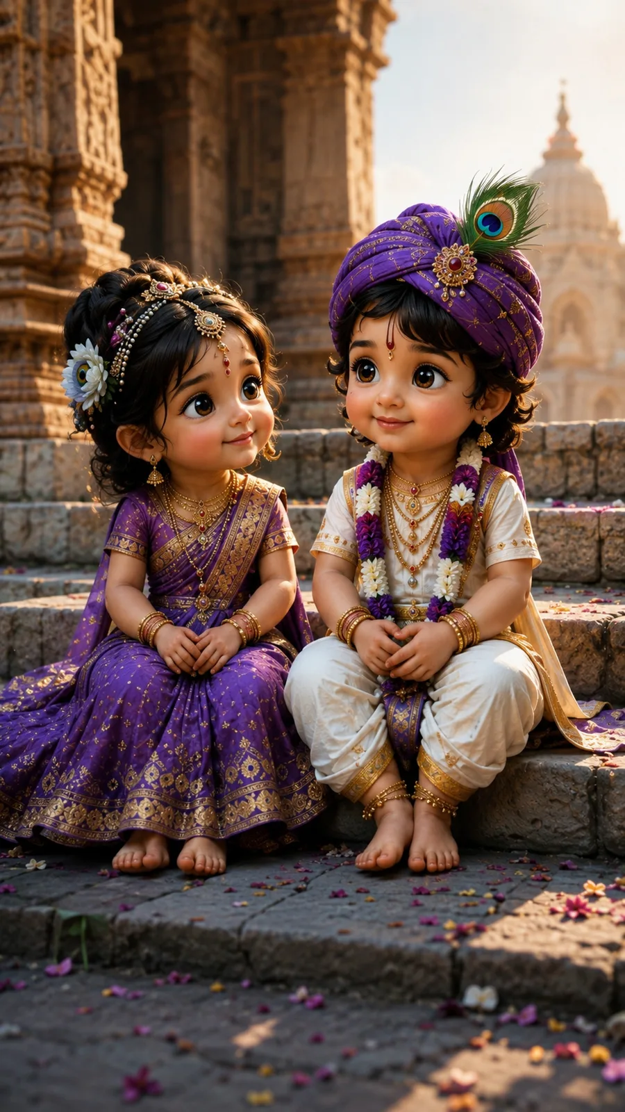 Cute 3D animated baby Radha and baby Krishna sitting together on the steps of an ancient stone temple