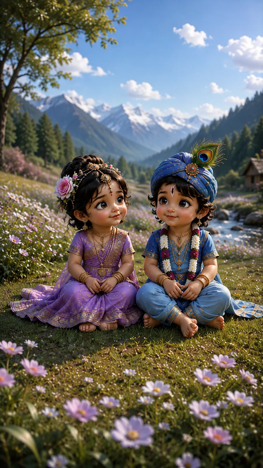 Cute 3D animated baby Radha and baby Krishna sitting in a blooming meadow with snowy mountains and a blue sky in the background