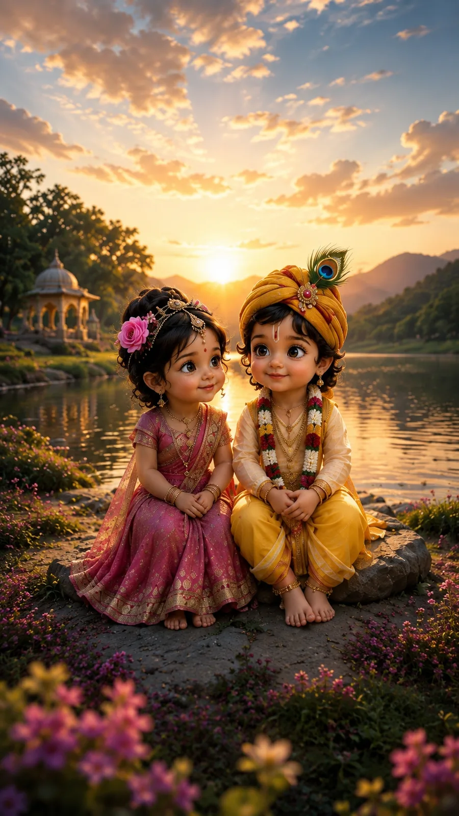 Cute 3D animated baby Radha and baby Krishna sitting on a rock by a river at golden hour, with a pavilion in the background