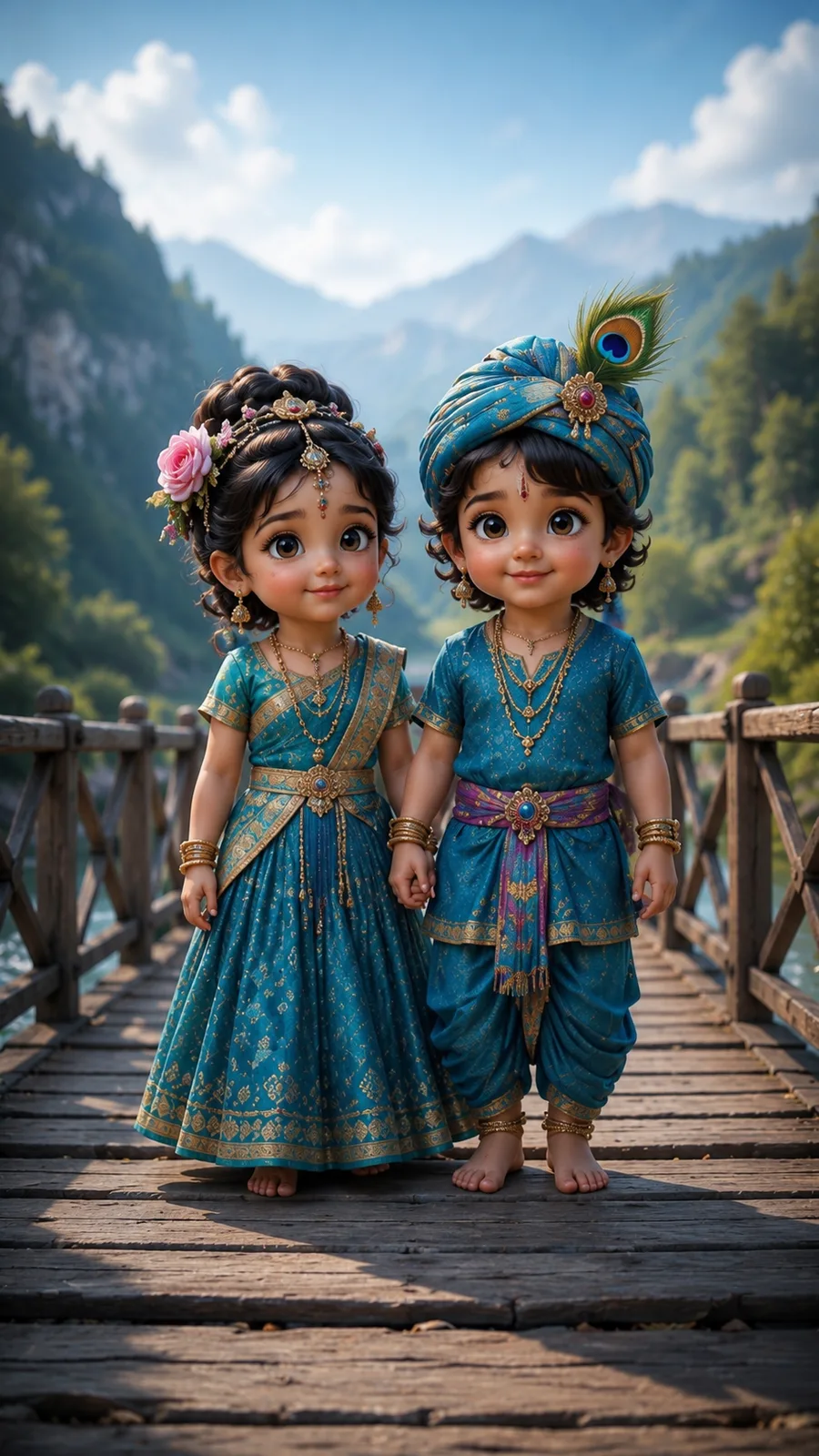 Cute 3D animated baby Radha and baby Krishna standing on a wooden bridge in a mountain forest with a blue river below