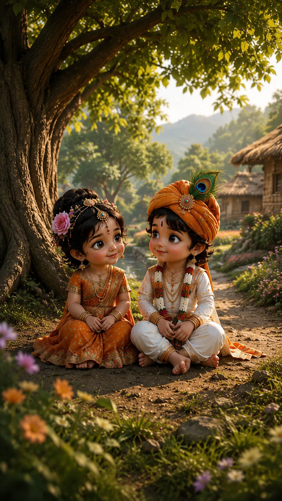 Cute 3D animated baby Radha and baby Krishna sitting under a large tree in a village at golden hour