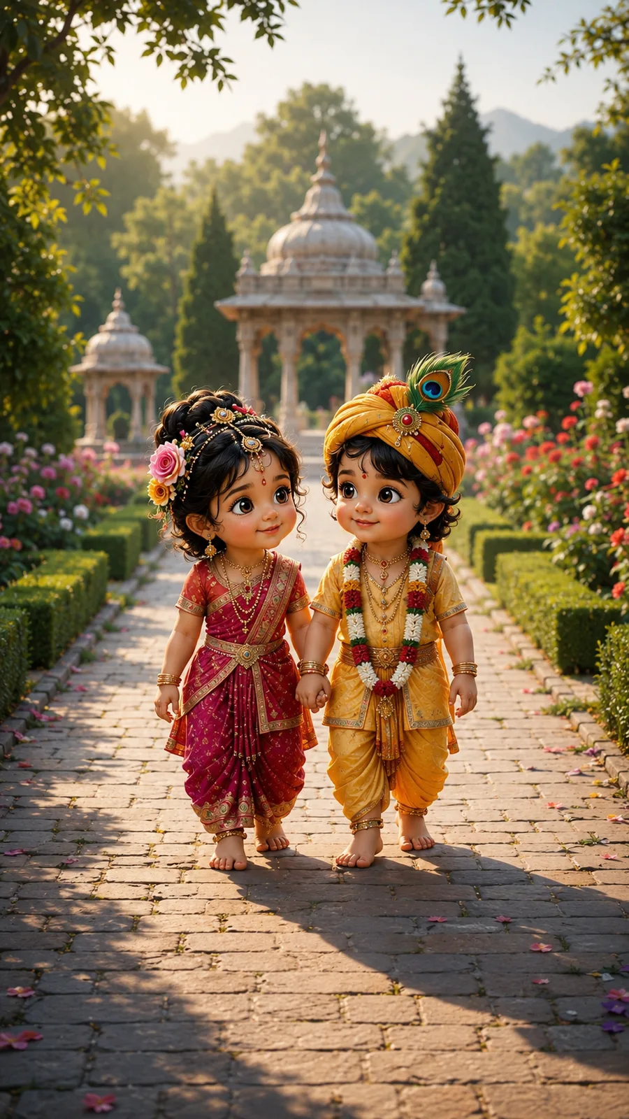 Cute 3D animated baby Radha and baby Krishna walking hand-in-hand through a lush garden with marble pavilions