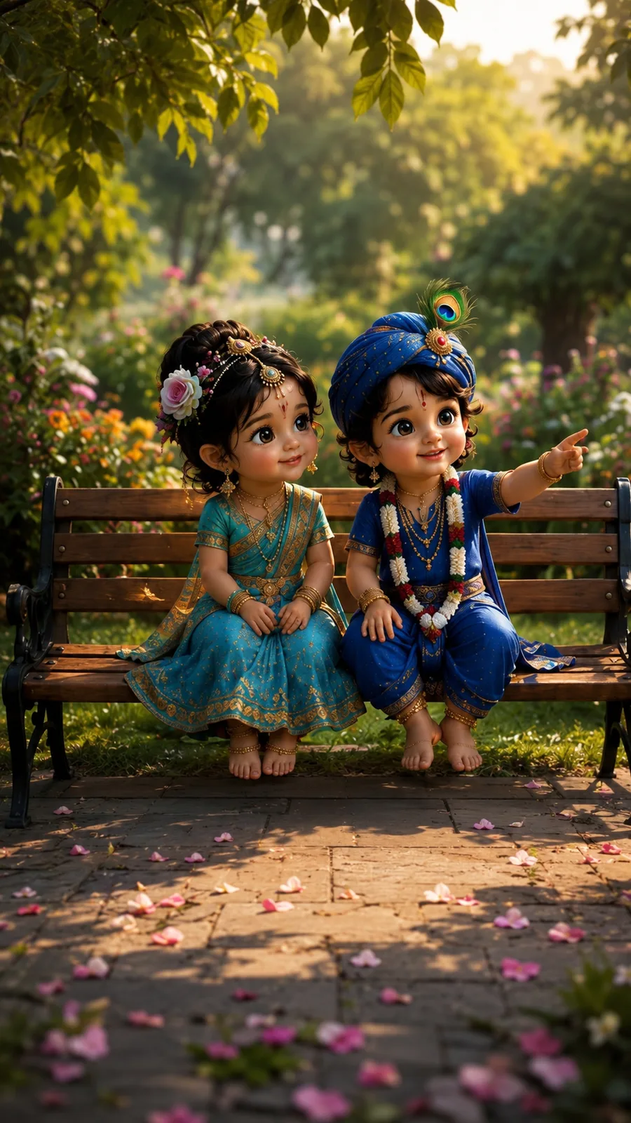 Cute 3D animated baby Radha and baby Krishna sitting on a wooden bench in a garden, with Krishna pointing at something in the distance