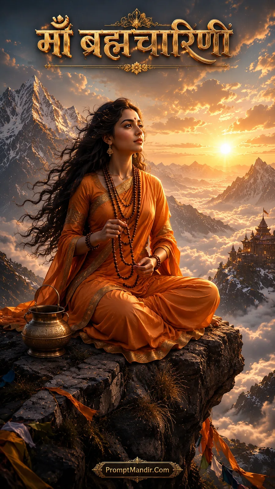 Goddess Brahmacharini sitting on a Himalayan cliff at sunset, holding a rosary and a kamandalu, with golden 3D text above her