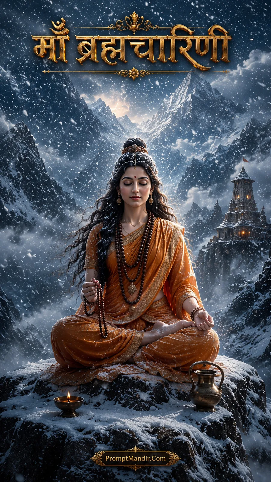 Goddess Brahmacharini meditating in a snowy mountain landscape under heavy snowfall, holding a rosary, with a glowing temple in the background