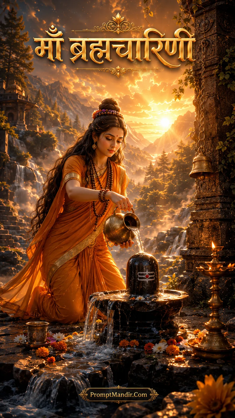 Goddess Brahmacharini pouring water over a sacred Shivling (Abhishek) in a forest setting, with golden sunset and a brass bell