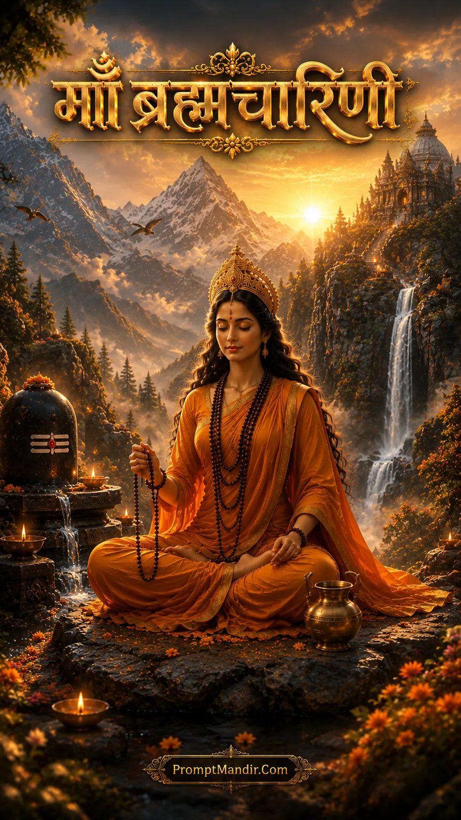 Goddess Brahmacharini meditating in a golden forest with a waterfall, holding a rosary, with a Shivling and diya beside her