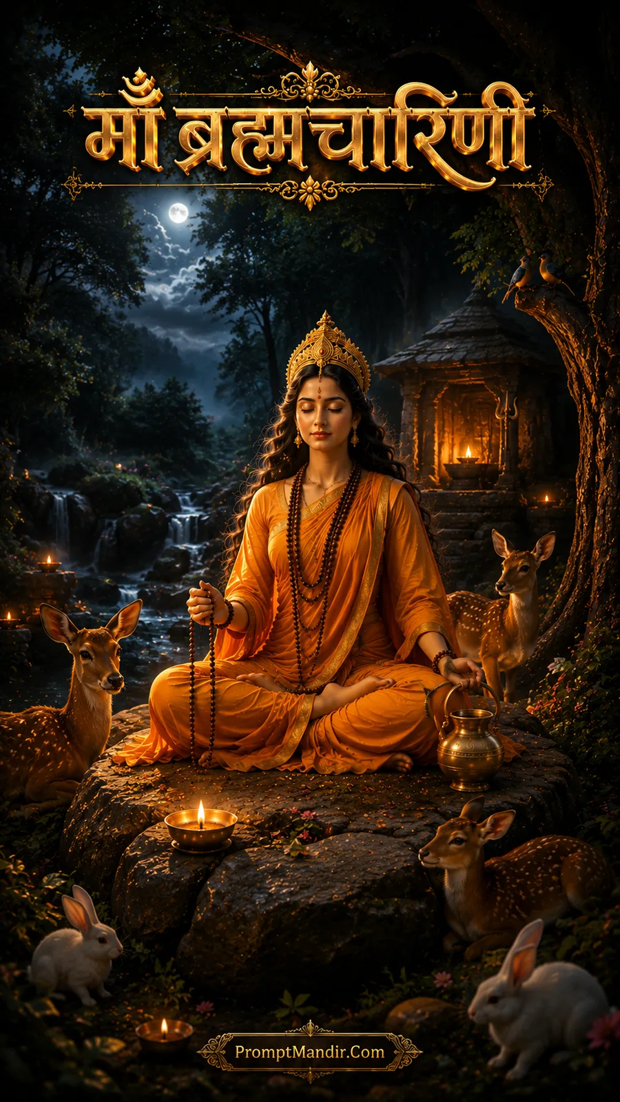 Goddess Brahmacharini meditating in a moonlit forest surrounded by deer, rabbits, and a small shrine