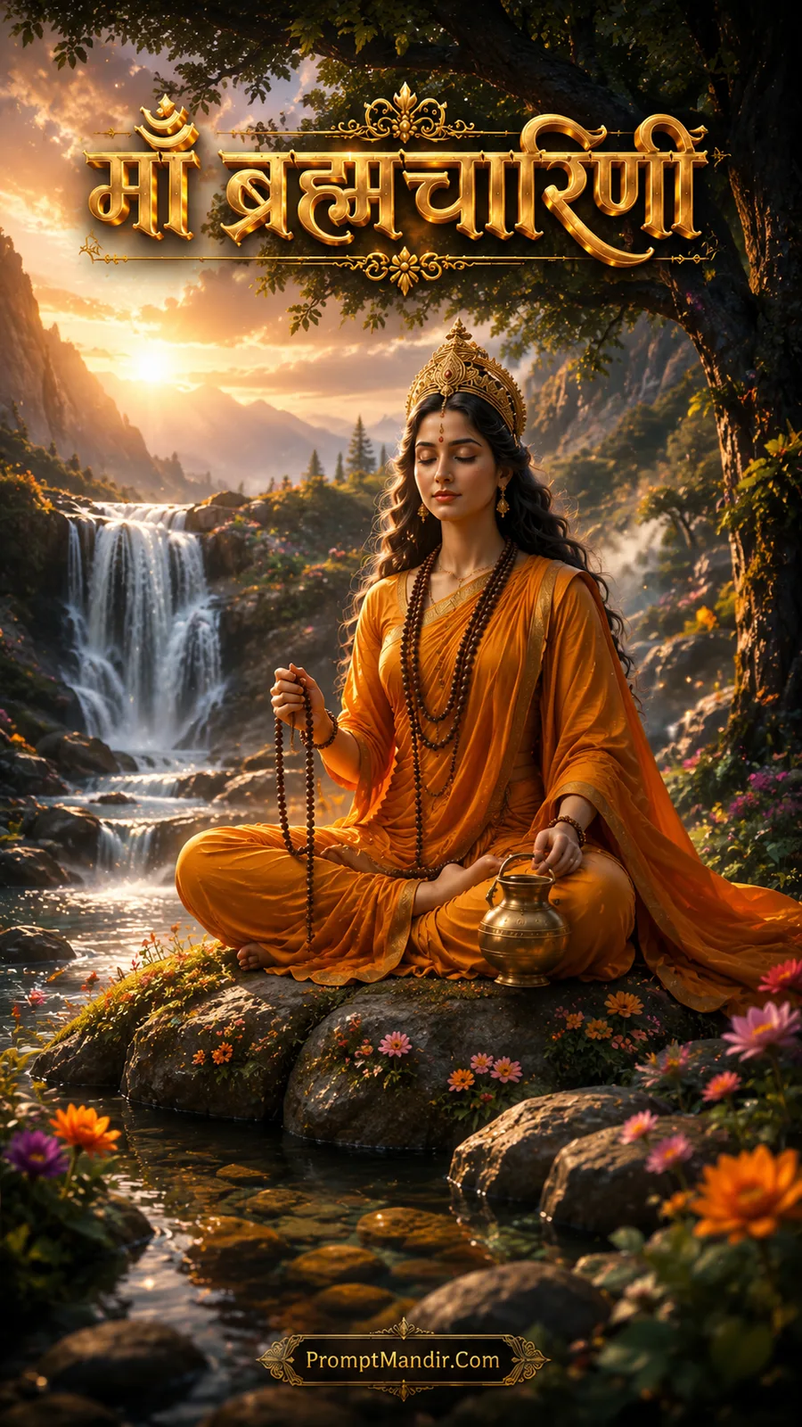 Goddess Brahmacharini meditating by a serene stream with a golden sunset, holding a rosary, with a kamandalu beside her
