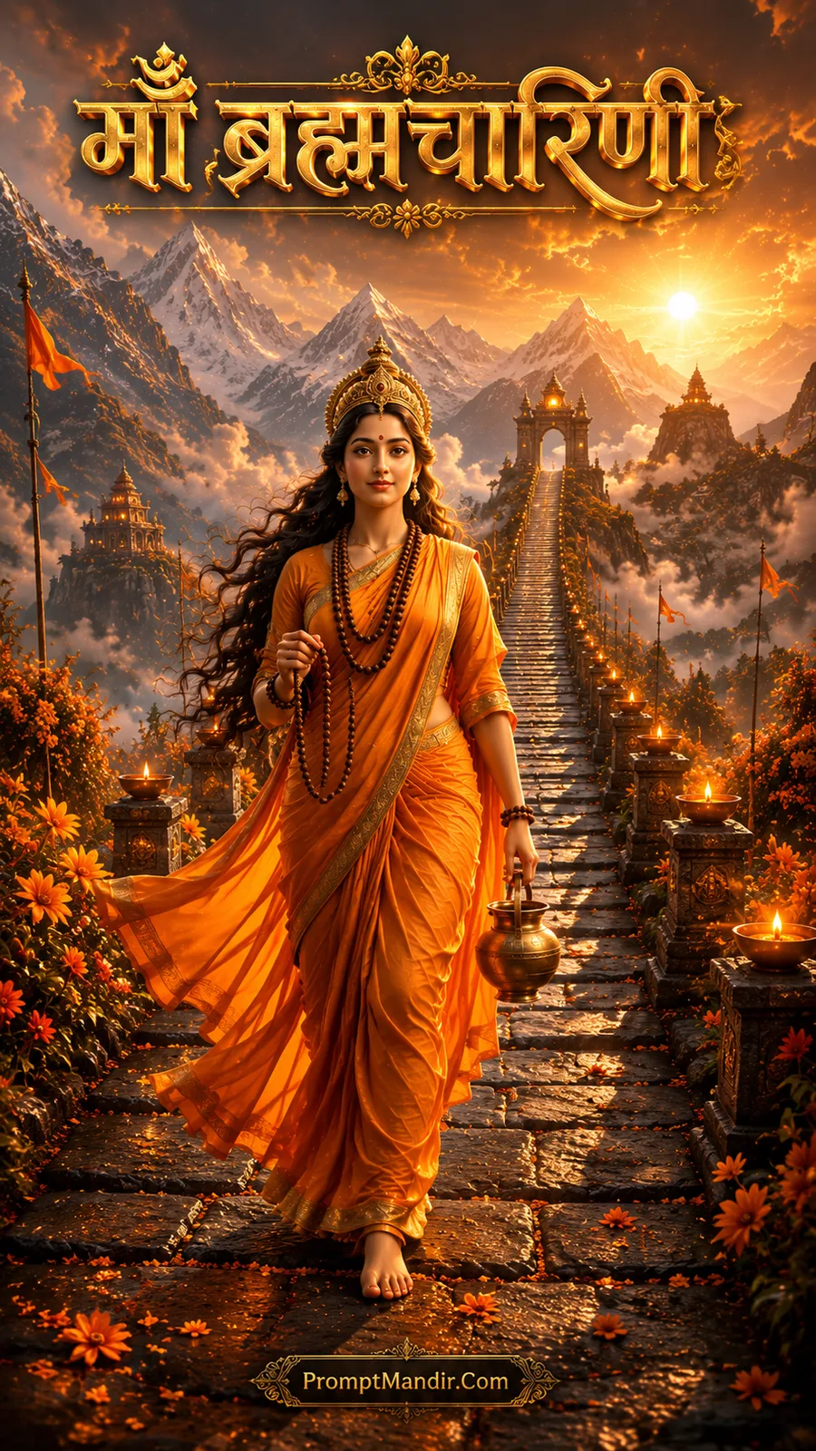 Goddess Brahmacharini walking down a stone path to a mountain temple at sunrise, holding a rosary and a kamandalu