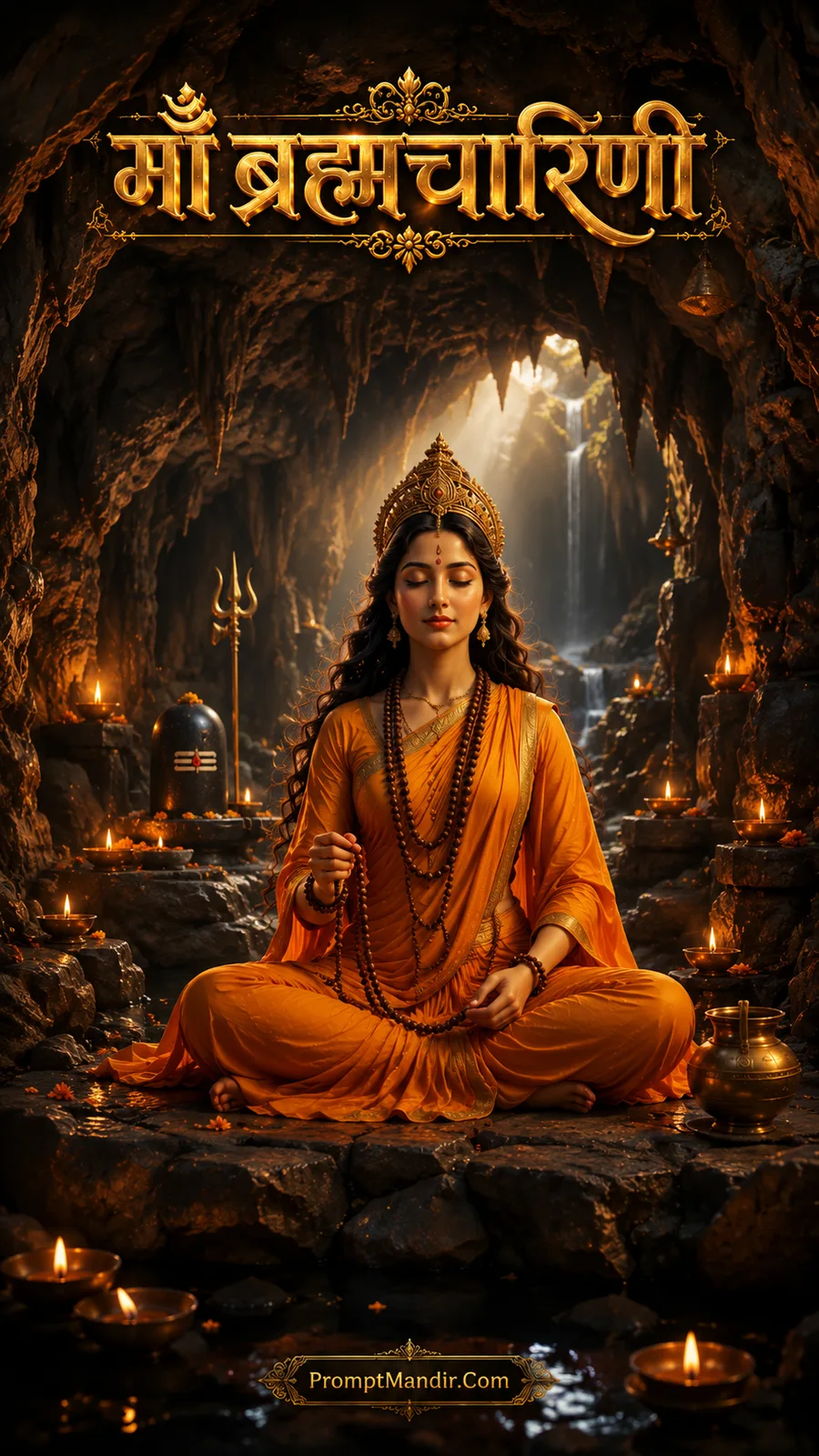 Goddess Brahmacharini meditating inside a mystical cave with waterfalls, a Shivling, a Trishul, and glowing diyas