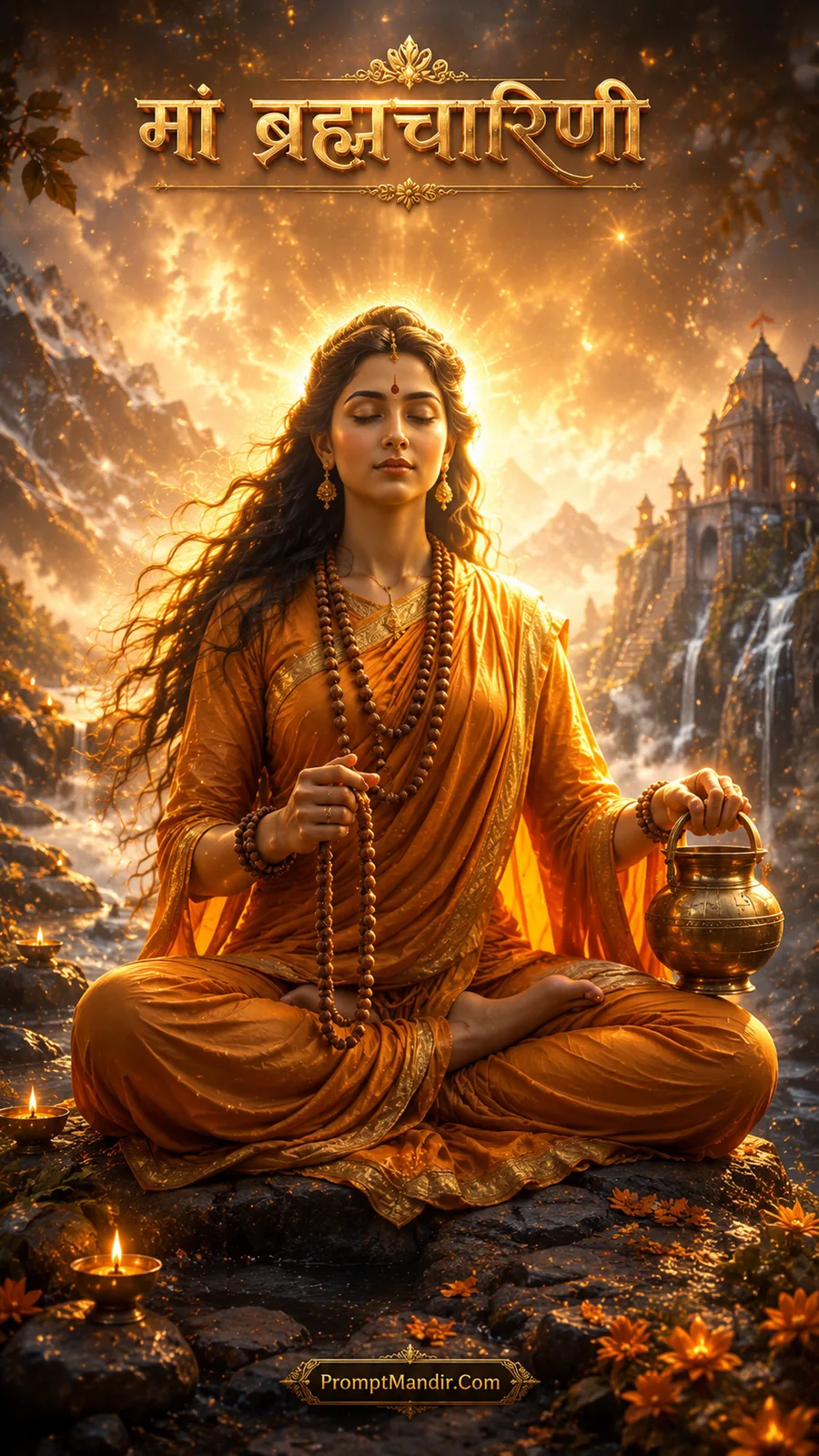 Goddess Brahmacharini meditating with a glowing divine aura, holding a rosary and a kamandalu, with a temple and waterfall in the background
