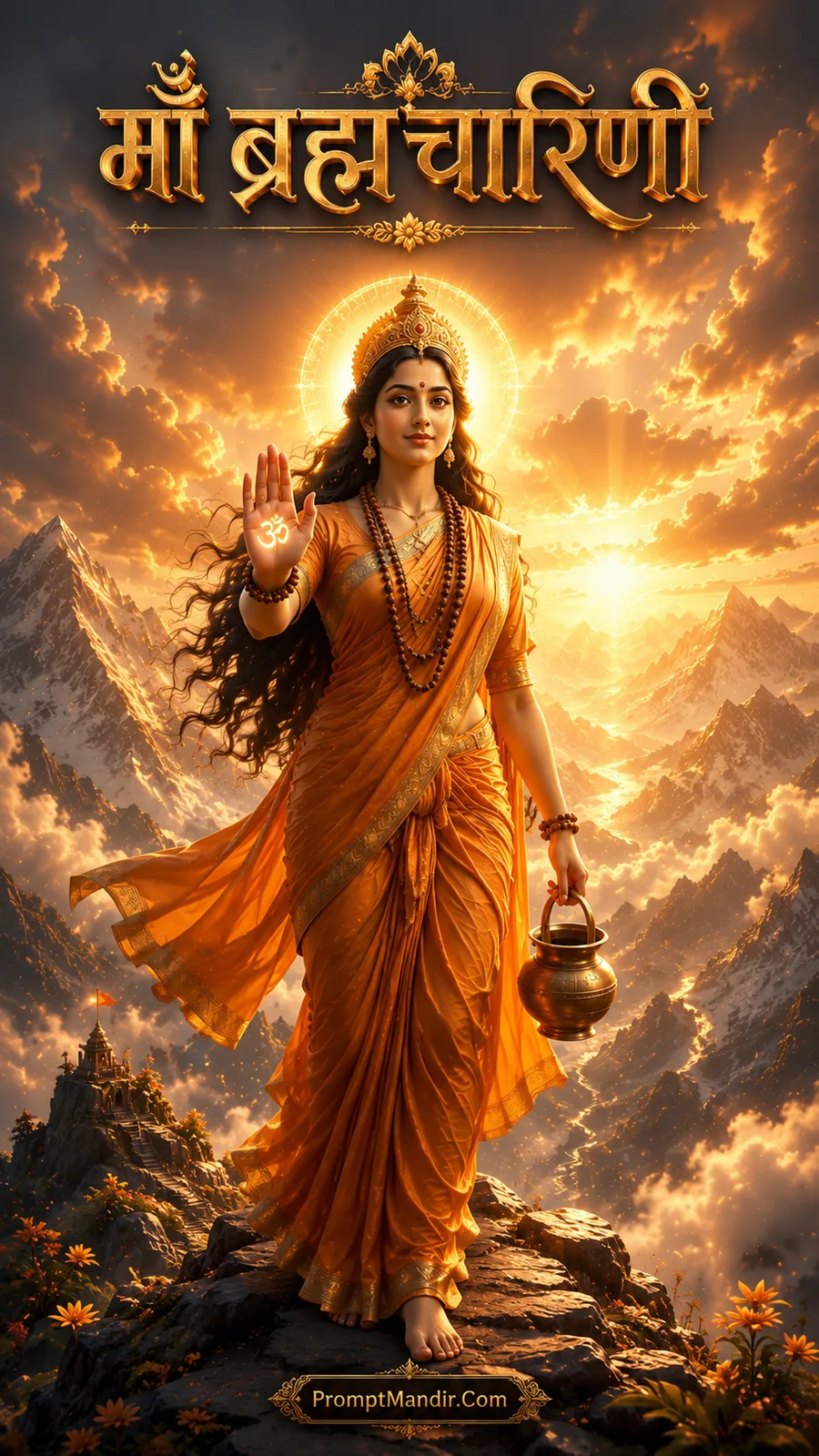 Goddess Brahmacharini standing on a mountain peak with a raised hand in blessing, holding a kamandalu, with a golden divine halo