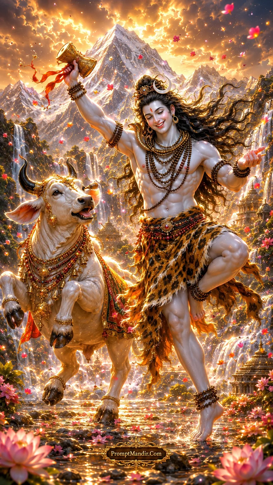 Lord Shiva joyfully dancing and playing the Damru with Nandi also leaping in joy, in a golden Himalayan landscape with waterfalls and lotus flowers