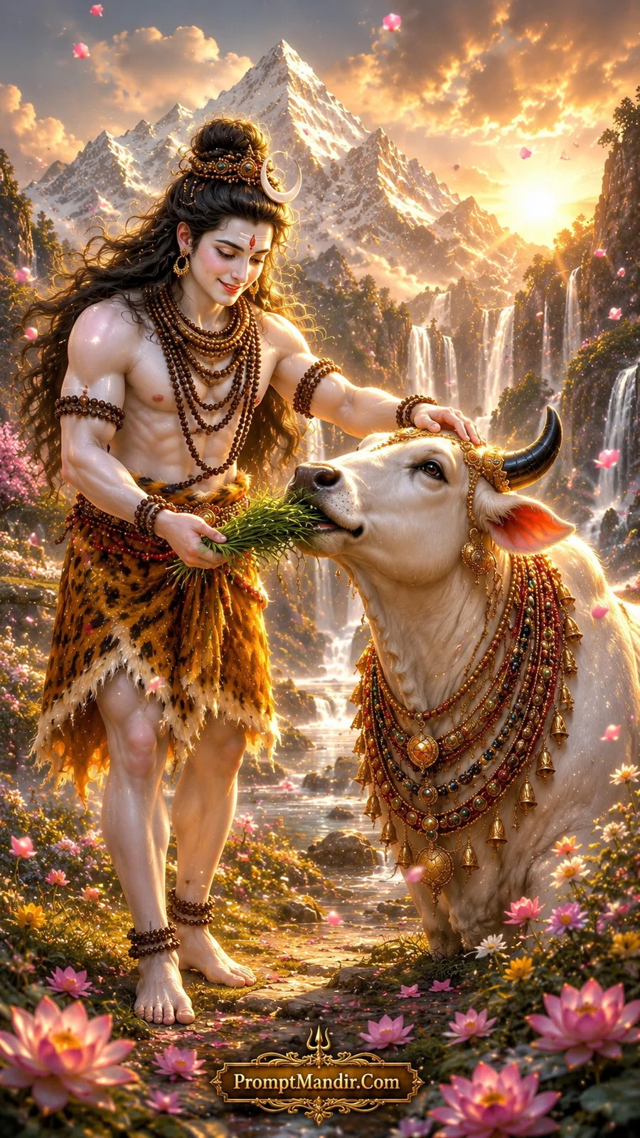 Lord Shiva gently feeding green grass to his beloved bull Nandi, with Mount Kailash and waterfalls in the background