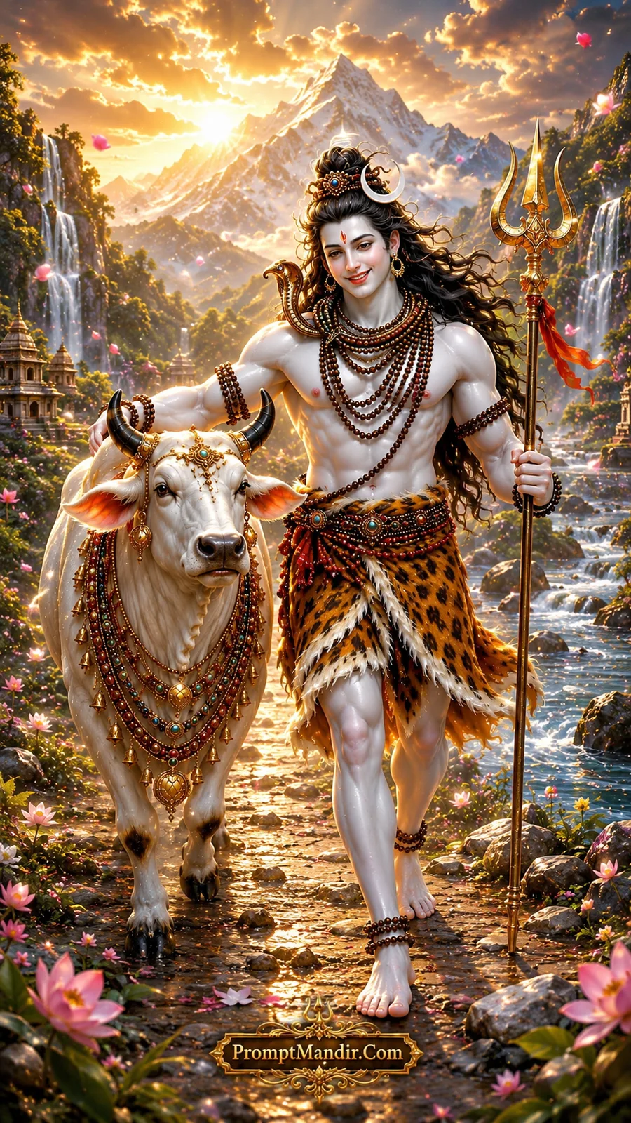 Lord Shiva walking side by side with Nandi through a golden Himalayan path, holding a Trishul and smiling