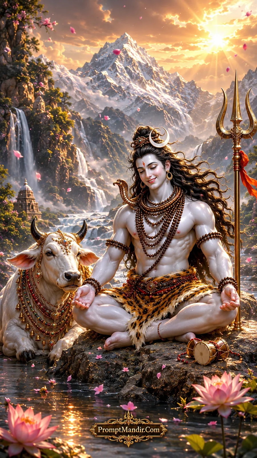 Lord Shiva meditating in a lotus pose by a river, with Nandi resting peacefully beside him, surrounded by golden light