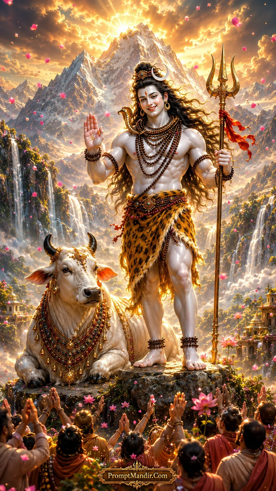 Lord Shiva standing on a rock with Nandi, raising his hand in blessing to a crowd of devotees in a golden Himalayan setting