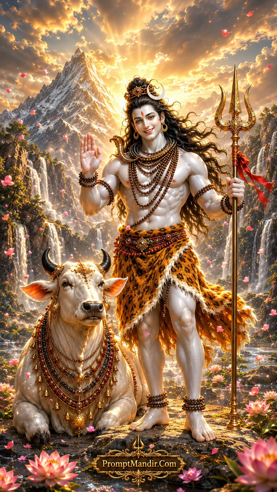 Lord Shiva standing on a golden rock with Nandi beside him, raising his hand in blessing, with Mount Kailash in the background