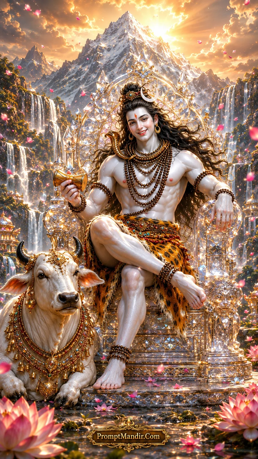 Lord Shiva seated on a magnificent golden crystal throne with Nandi beside him, holding a Damru, surrounded by golden light