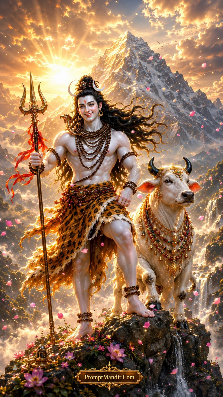 Lord Shiva standing triumphantly on a rocky peak with Nandi beside him, holding his Trishul and looking over a golden valley