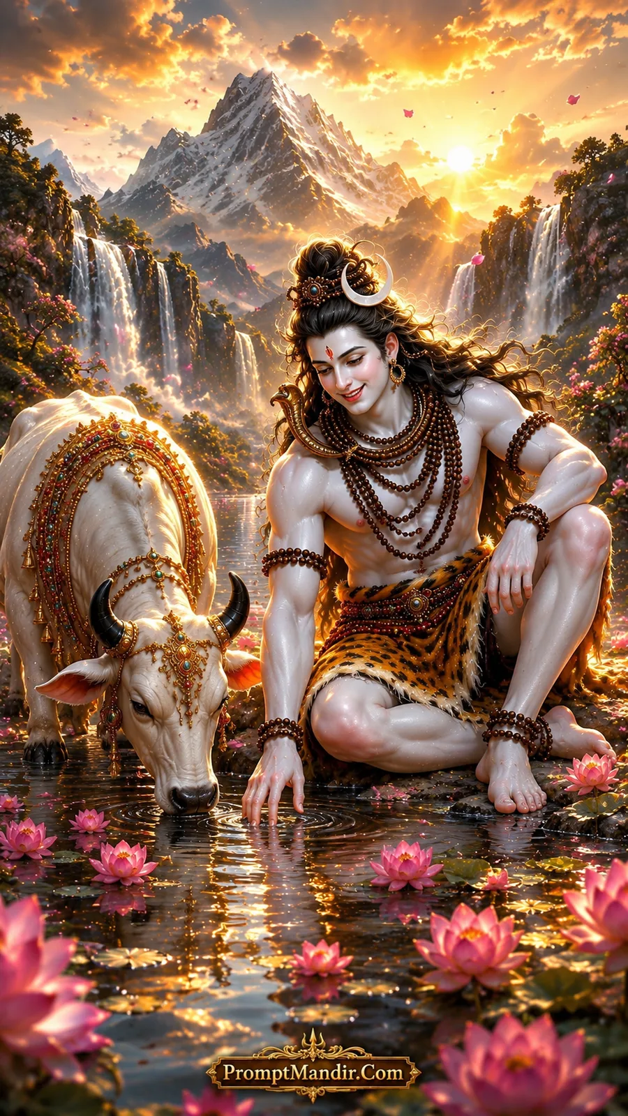 Lord Shiva crouching by a river, gently touching the water while Nandi drinks from it, surrounded by lotus flowers and golden light