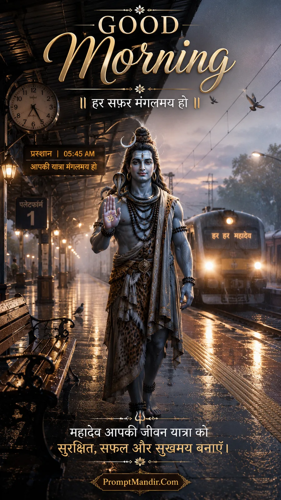 Lord Shiva blessing on a rainy railway platform at 5:45 AM, with a train in the background and a Good Morning message