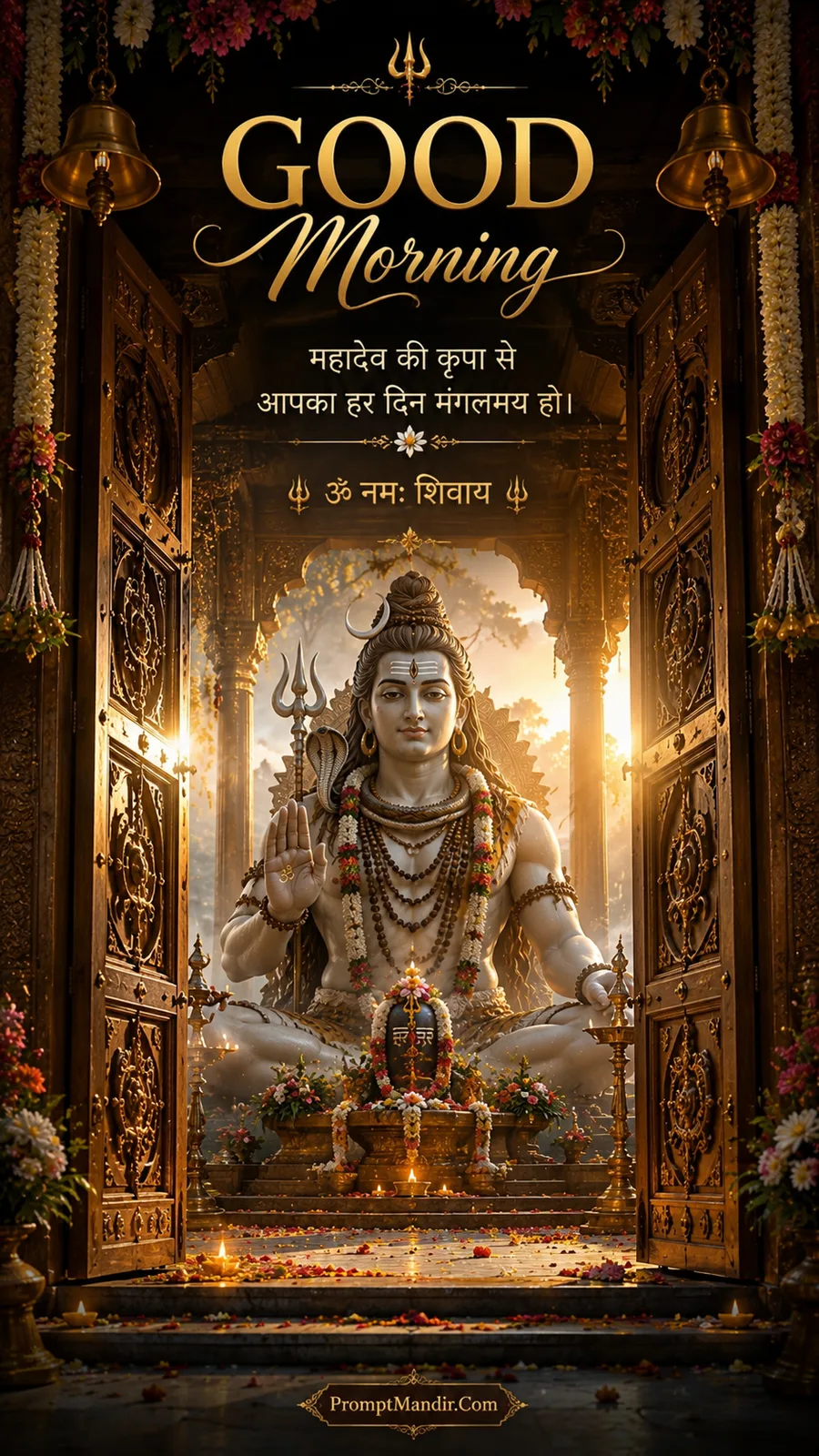 Lord Shiva seated in a golden temple, blessing with a morning light, with a Shivling and a Good Morning message