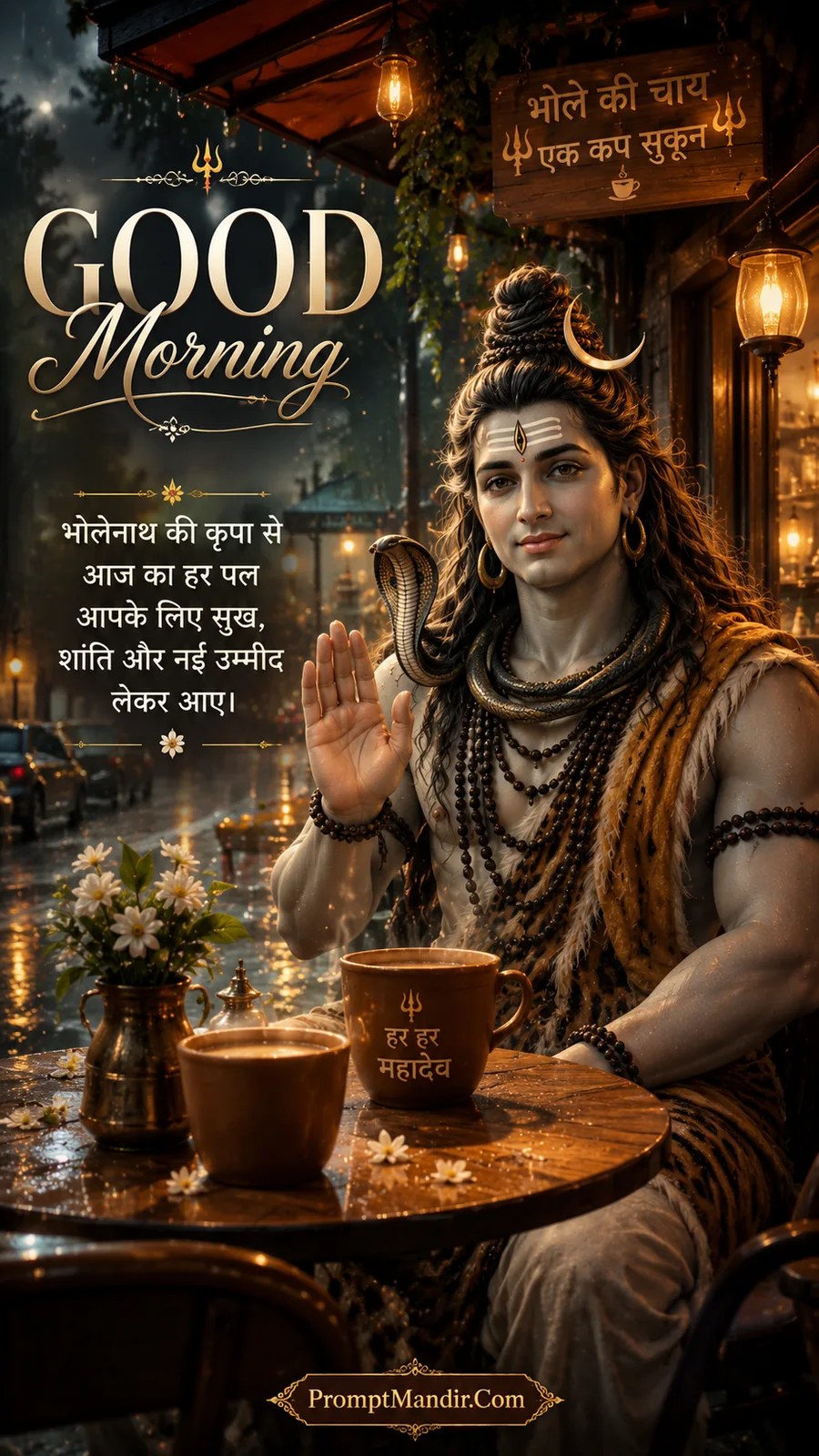 Lord Shiva sitting at a cozy tea stall in the rain, holding a cup of tea, with a Good Morning message