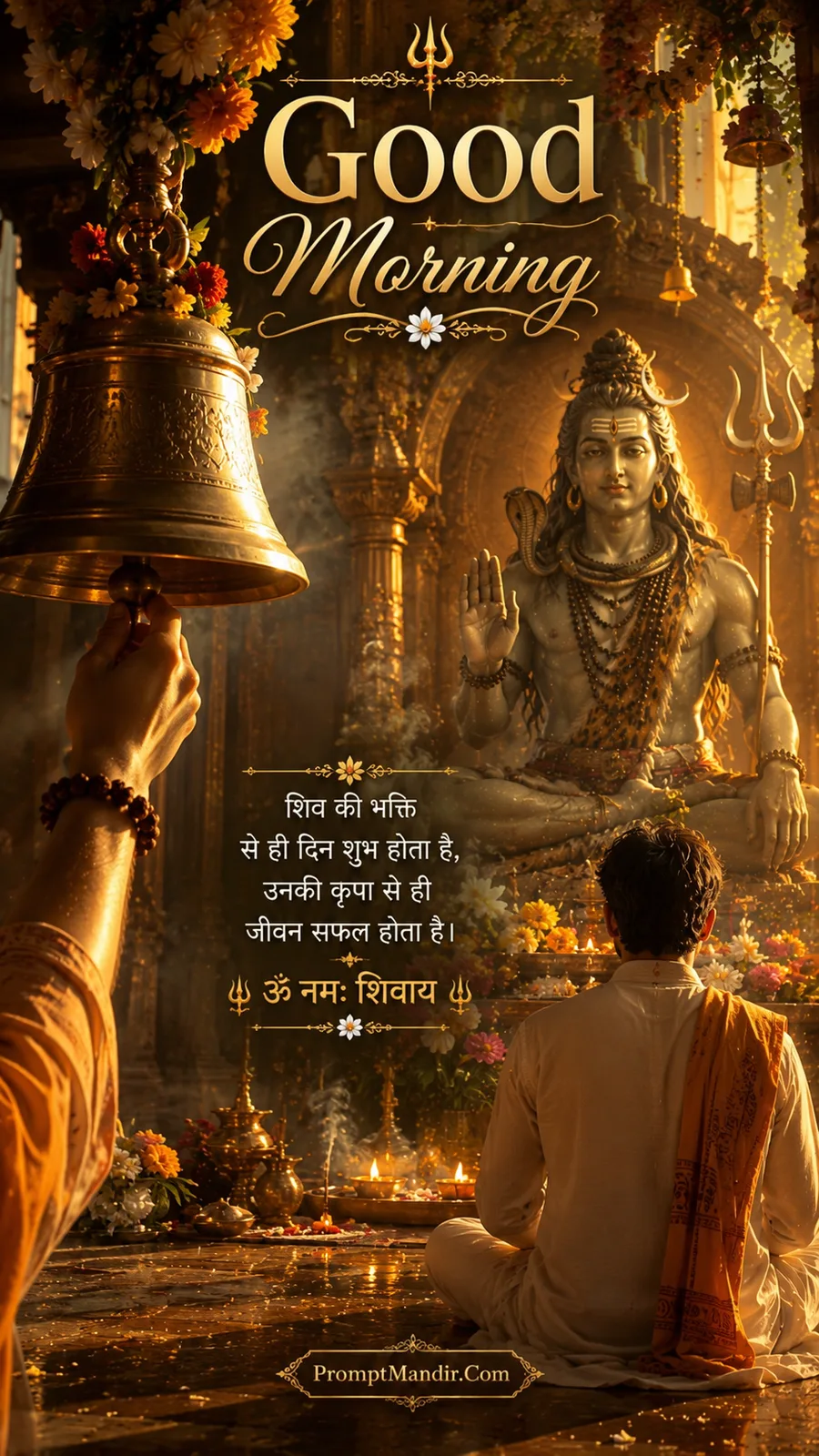 A devotee ringing a temple bell before Lord Shiva's idol at sunrise, with a Good Morning message