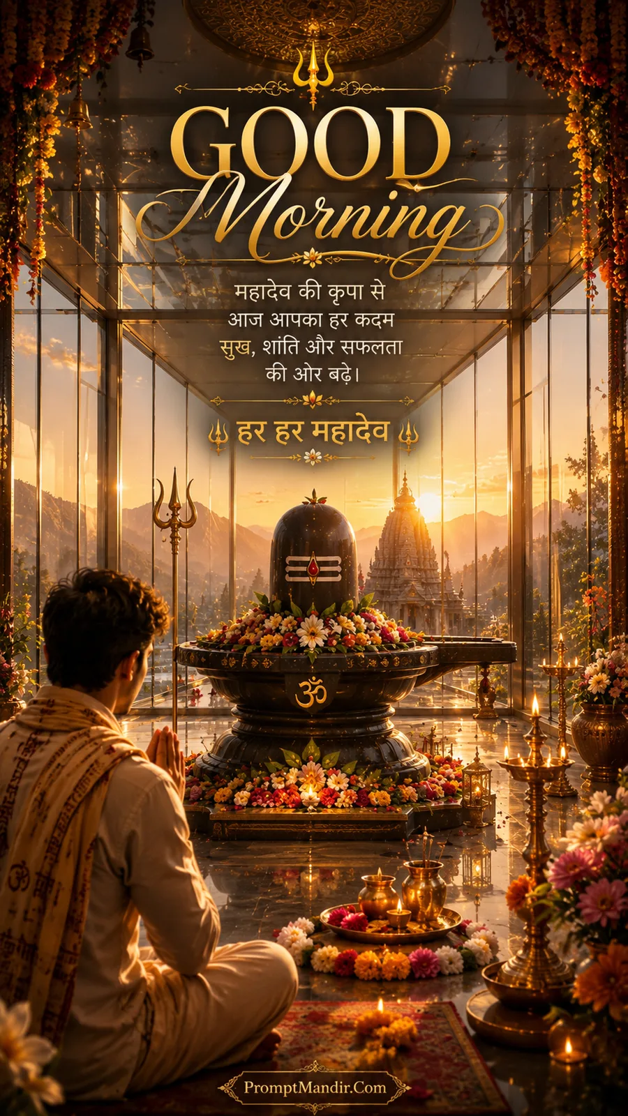 A devotee praying before a sacred Shivling in a glass temple with a mountain backdrop at sunrise