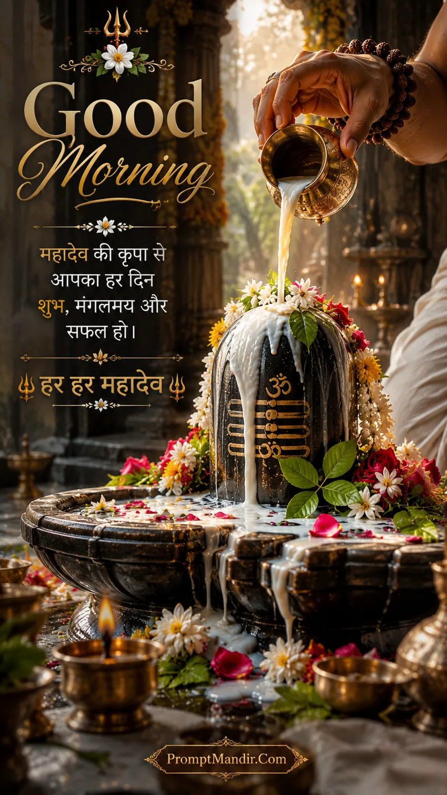 Close-up of a hand pouring milk over a Shivling (Abhishek) with flowers and a Good Morning message