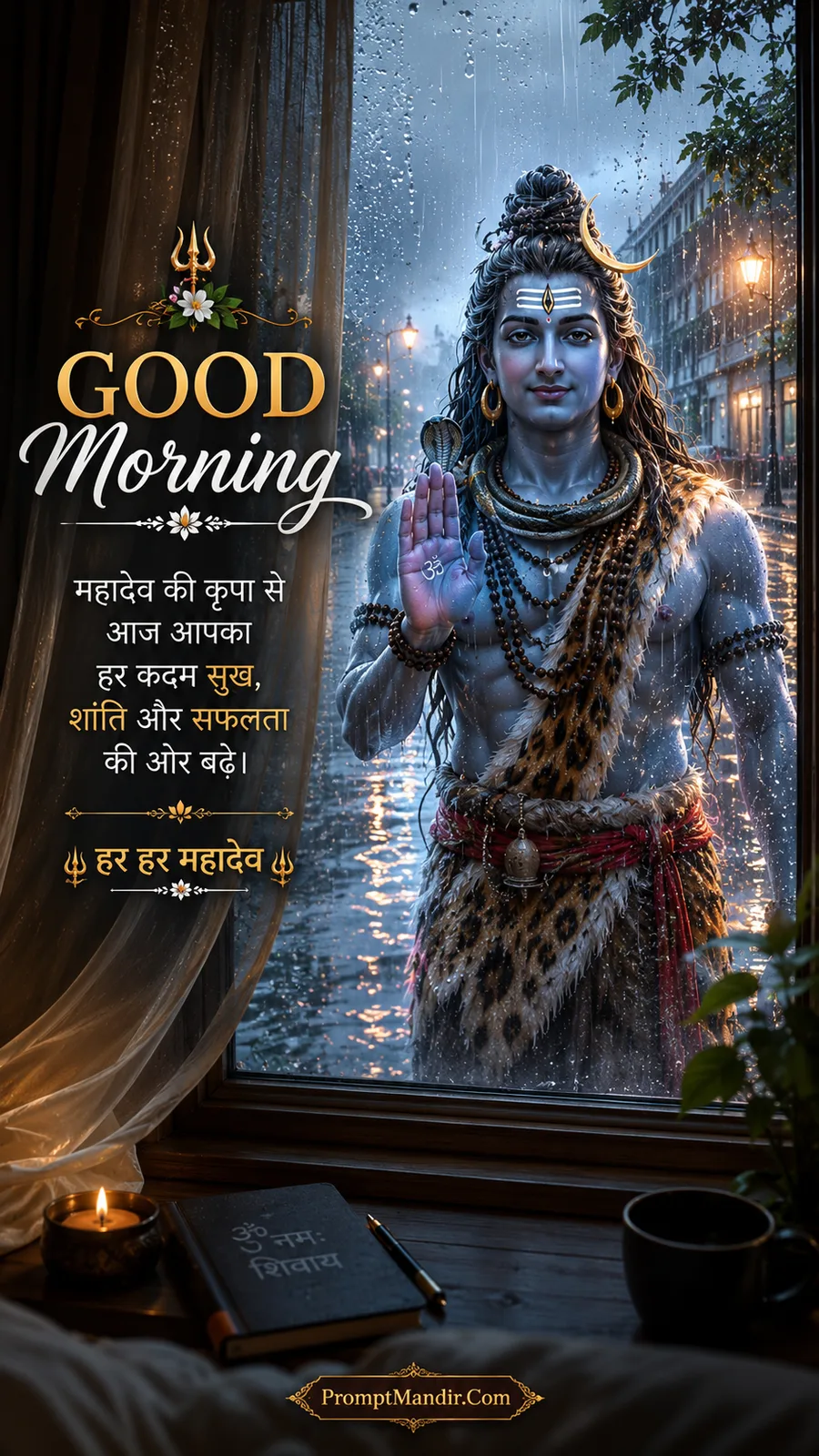 Lord Shiva standing outside a window on a rainy morning, blessing with his hand, with a Good Morning message