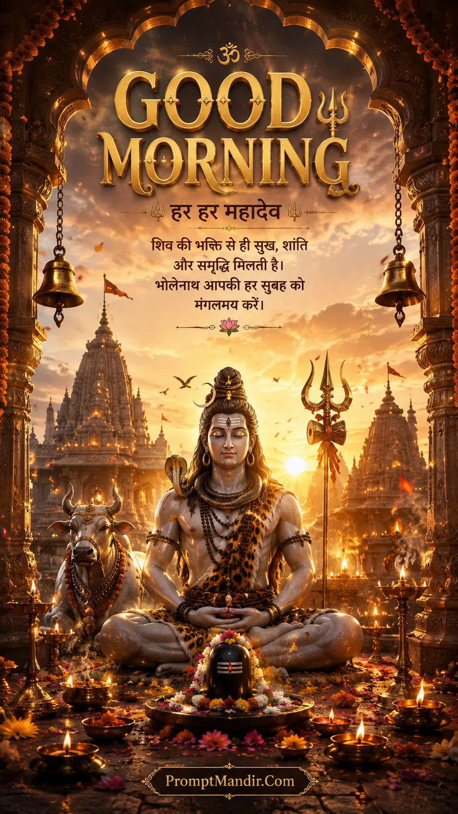 Lord Shiva seated in meditation with Nandi and a Shivling at sunrise in a temple courtyard