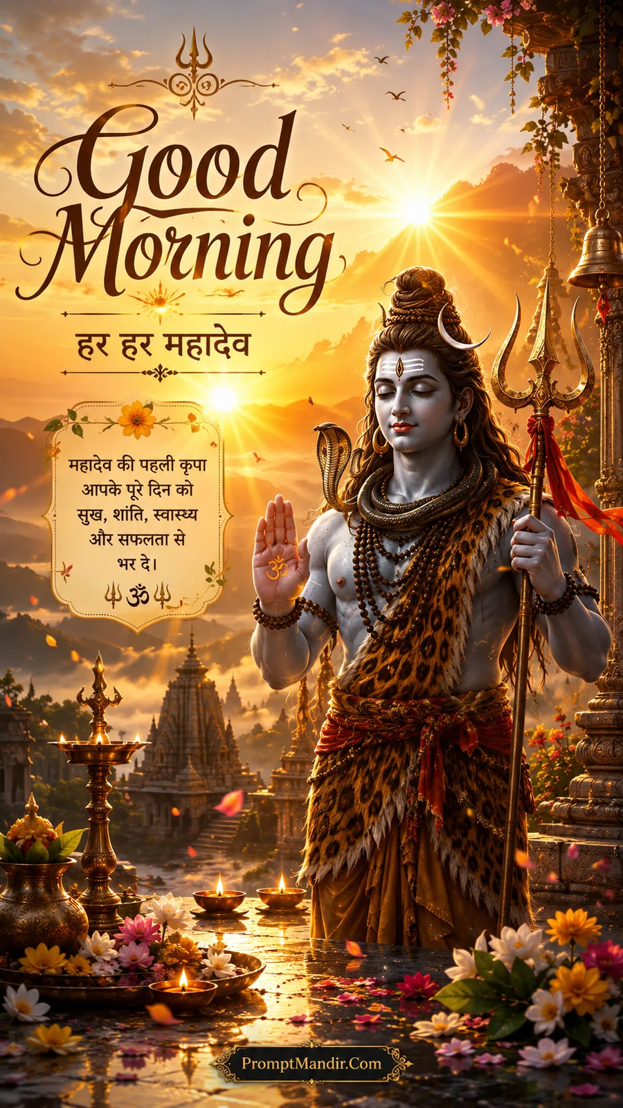 Lord Shiva blessing with a glowing Om on his palm, standing before a temple at sunrise with flower offerings