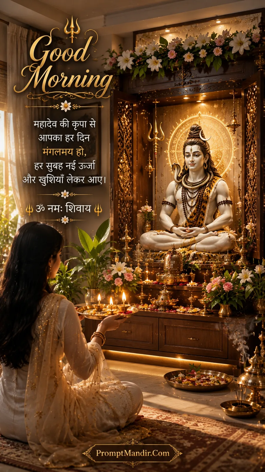 A woman offering aarti to Lord Shiva at a home temple, with a Good Morning message