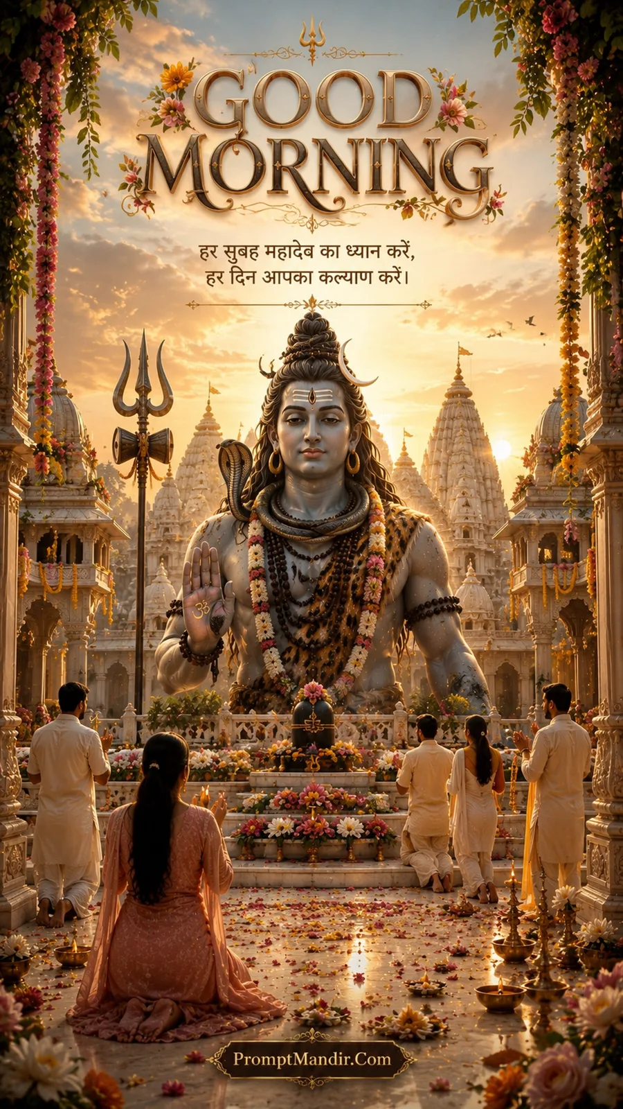 A giant idol of Lord Shiva blessing devotees in a grand temple courtyard at sunrise