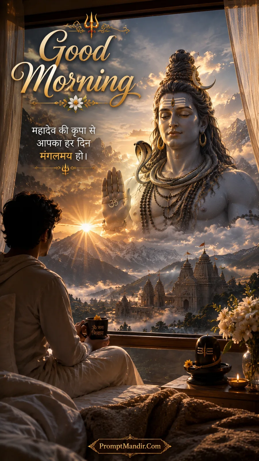 A man looking at a giant vision of Lord Shiva in the clouds over a mountain temple at sunrise