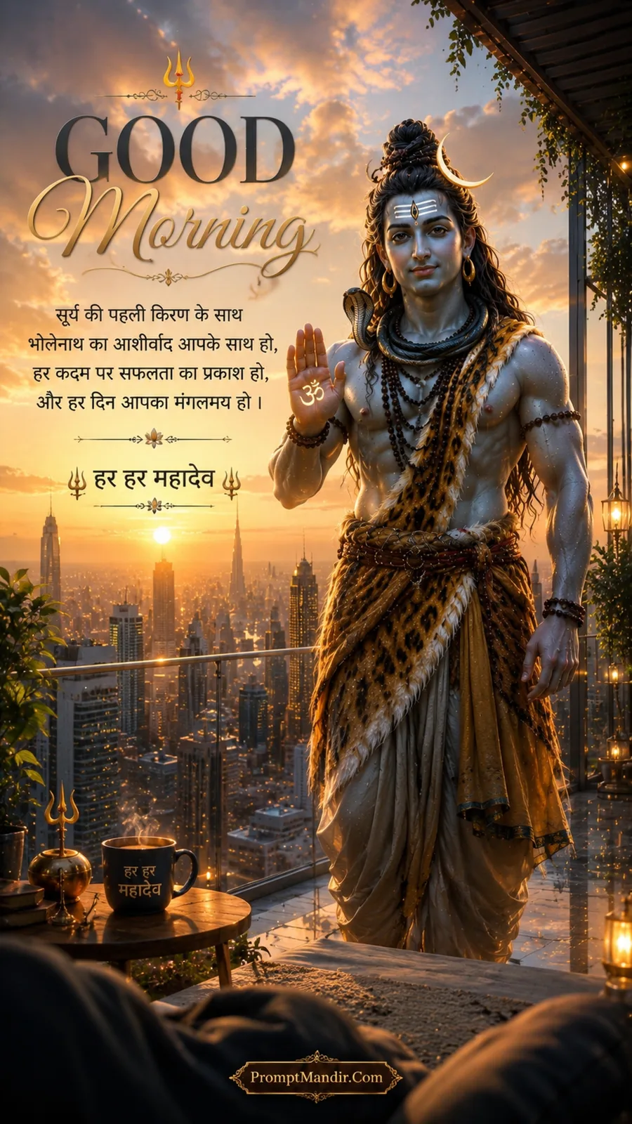 Lord Shiva standing on a modern balcony at sunrise, blessing over a city skyline, with a Good Morning message