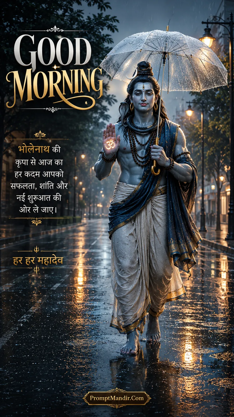 Lord Shiva walking in the rain with a transparent umbrella, blessing with his hand, with a Good Morning message