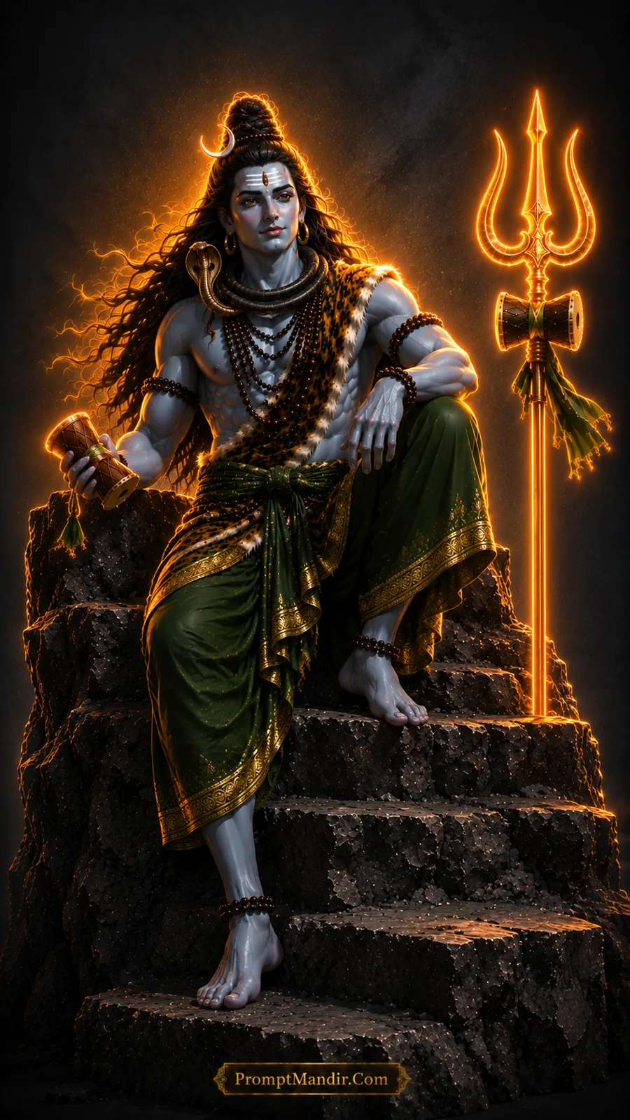 Lord Shiva seated on dark rock steps with a glowing golden Trishul, holding a Damru, wearing a green dhoti and tiger skin, with a crescent moon on his head