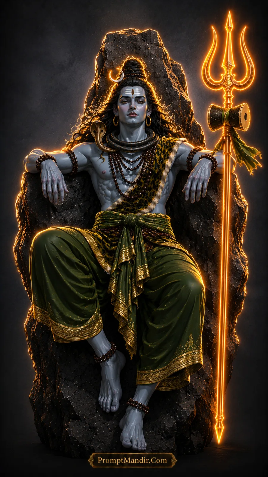 Lord Shiva sitting relaxed on a dark rock throne with a glowing Trishul, wearing a green dhoti and tiger skin, radiating celestial power