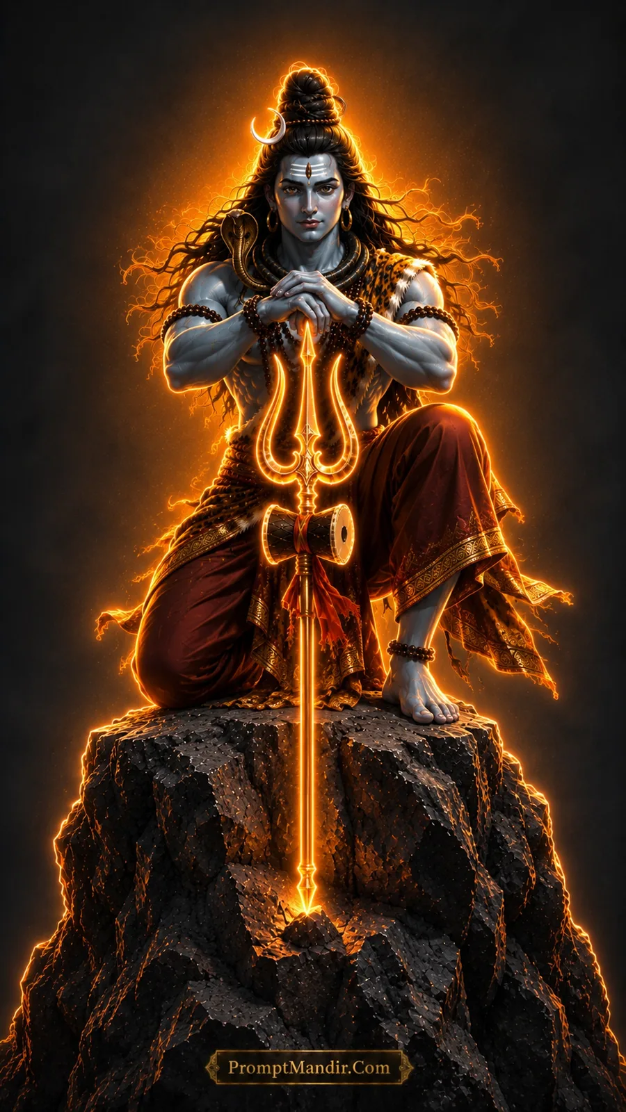 Lord Shiva kneeling on a dark rock with his hands resting on a glowing Trishul, wearing a red dhoti and tiger skin, exuding fierce devotion