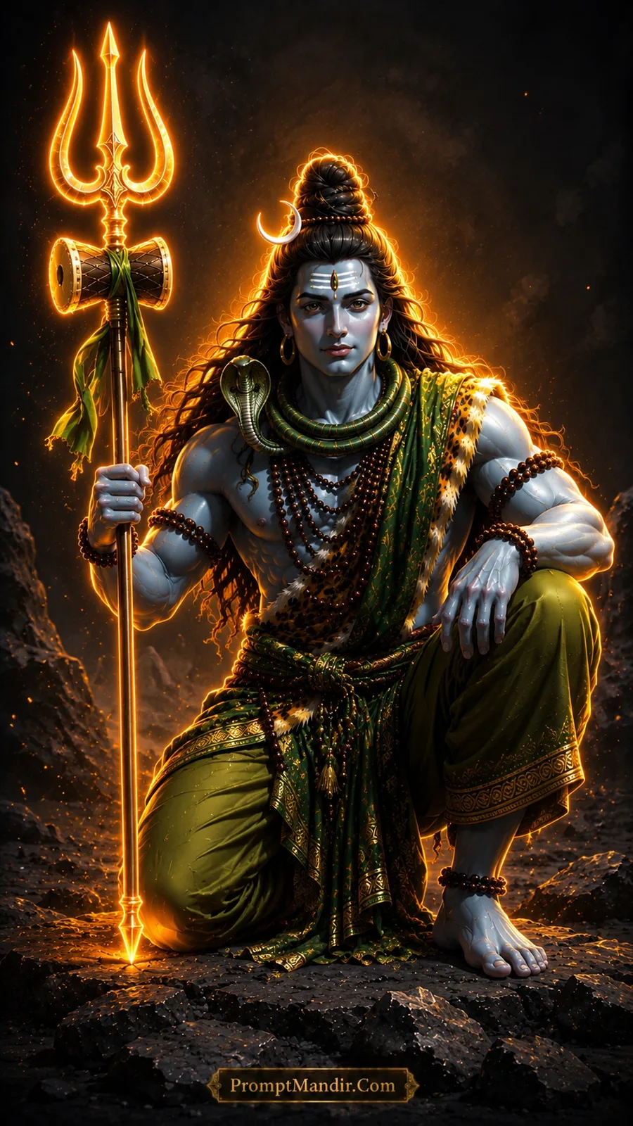 Lord Shiva kneeling on rocky ground, holding a glowing golden Trishul, wearing a green dhoti, tiger skin, and a green snake around his neck