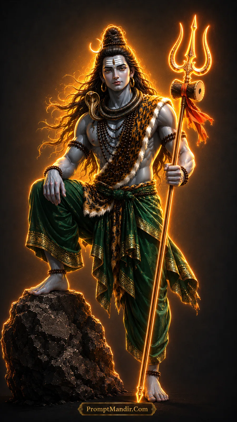 Lord Shiva standing majestically with one foot on a rock, holding a glowing golden Trishul, wearing a green dhoti and tiger skin