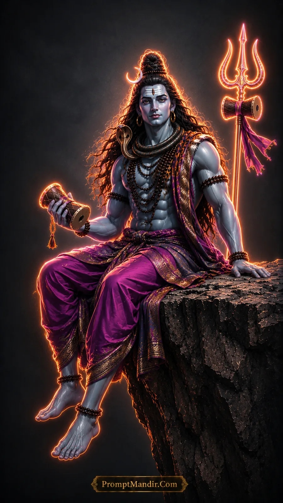 Lord Shiva sitting peacefully on a rock ledge holding a Damru, with a glowing Trishul beside him, wearing a purple dhoti and tiger skin