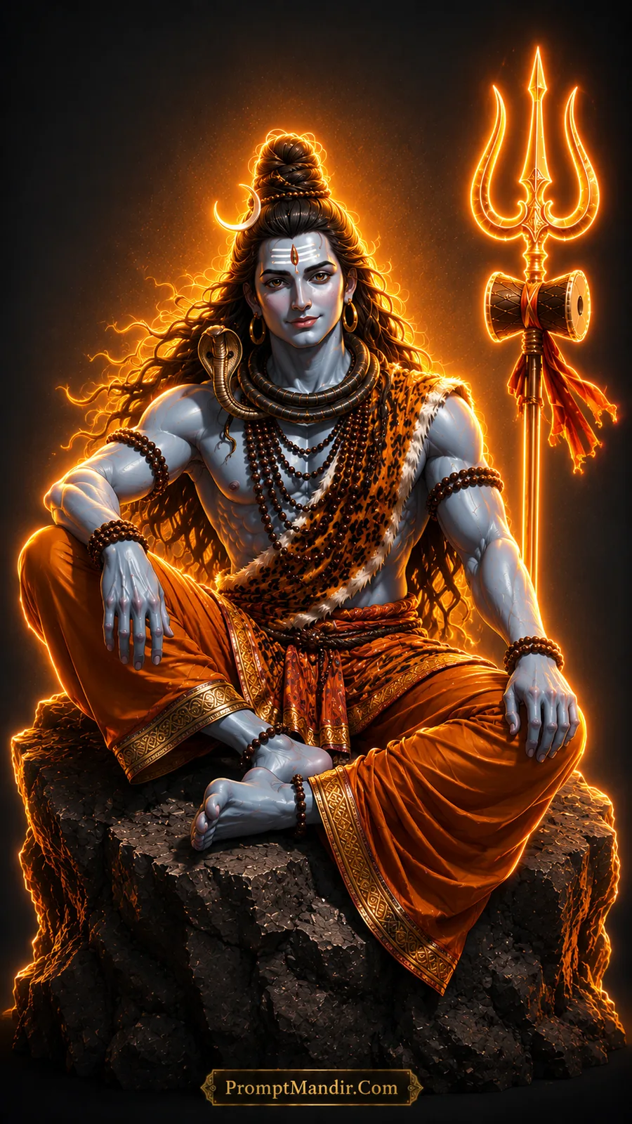 Lord Shiva sitting in a relaxed posture on a rock with a glowing Trishul, wearing an orange dhoti and tiger skin, with a crescent moon on his head