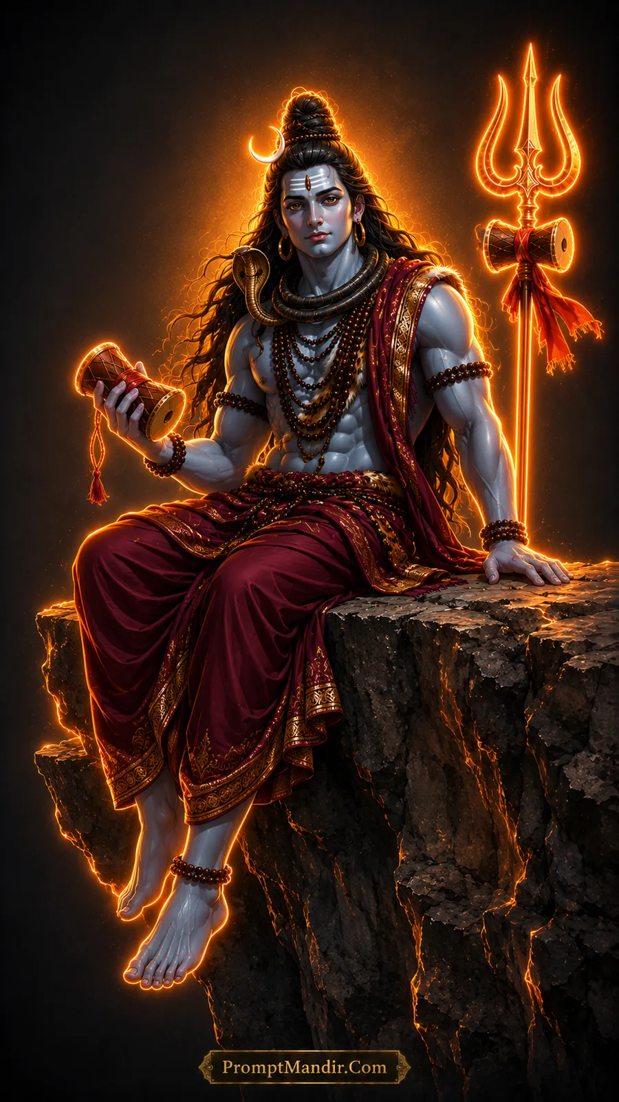 Lord Shiva sitting on a rock cliff holding a Damru, with a glowing Trishul behind him, wearing a maroon red dhoti and tiger skin