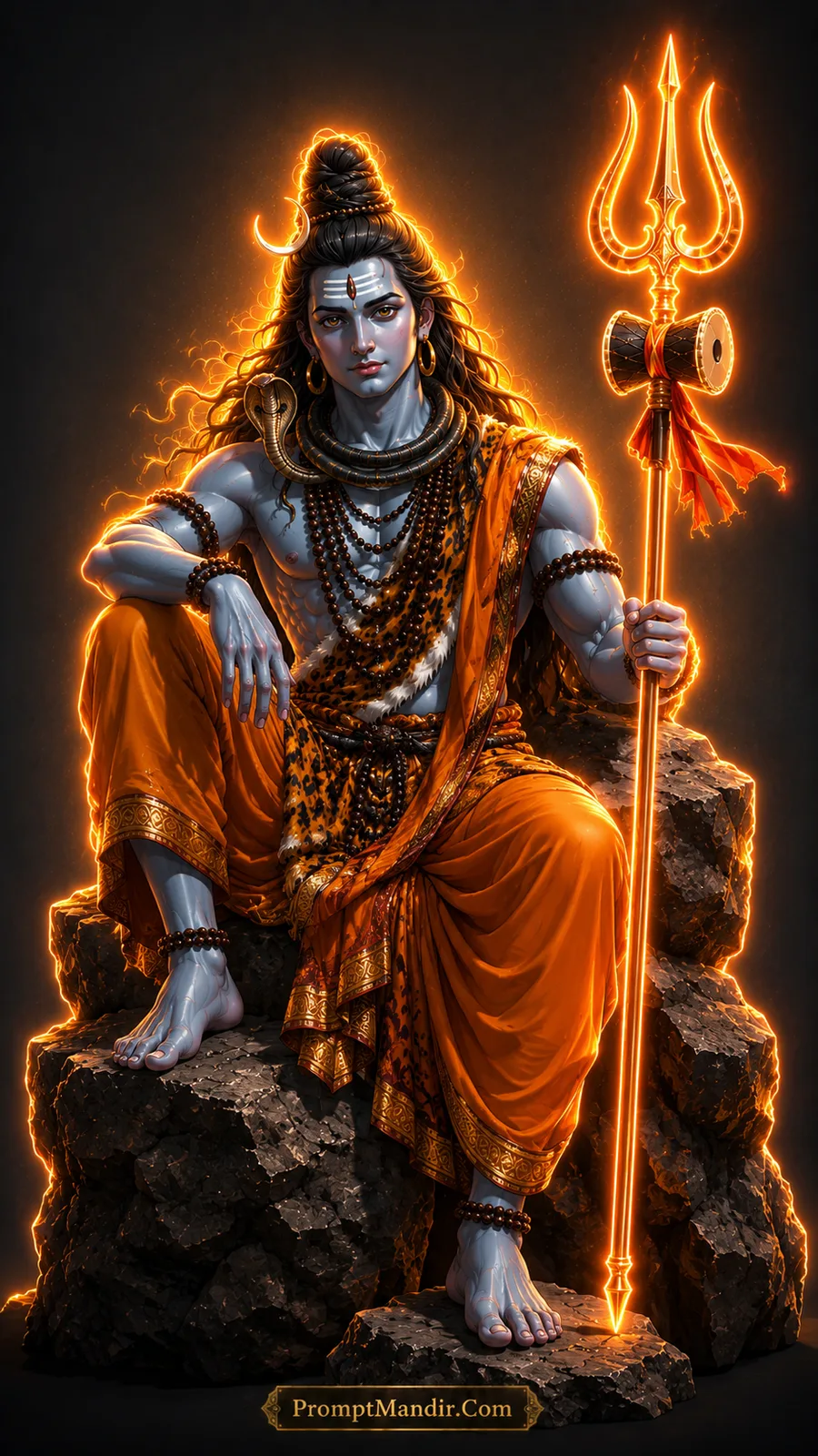 Lord Shiva sitting majestically on a rocky throne holding a glowing Trishul, wearing an orange dhoti and tiger skin, looking toward the light