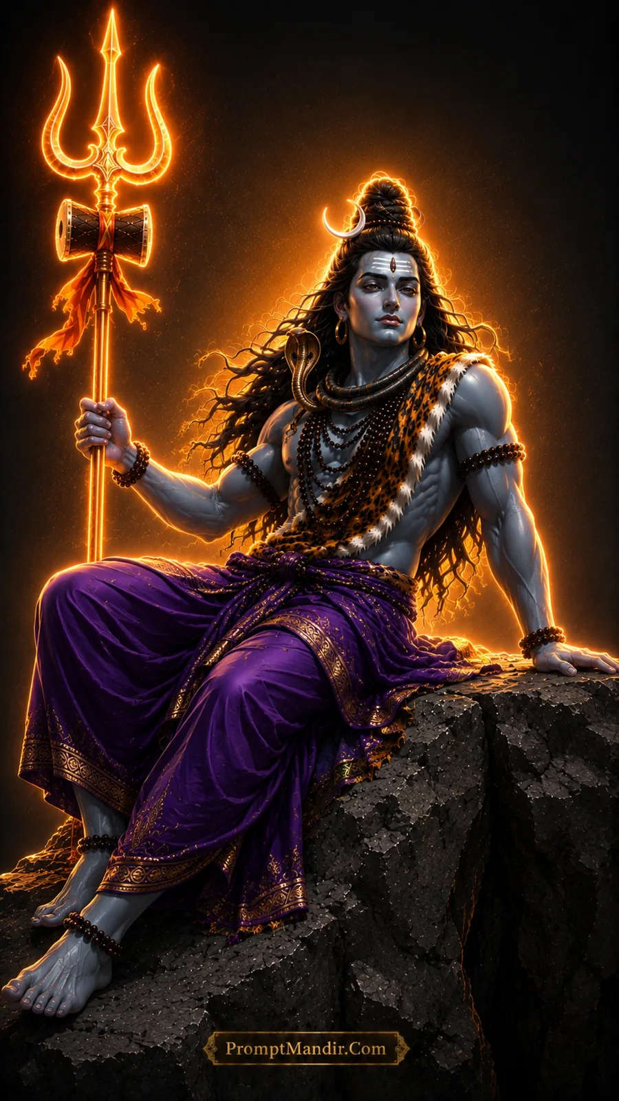 Lord Shiva seated cross-legged on a rock with a glowing Trishul, wearing a purple dhoti and tiger skin, gazing into the distance